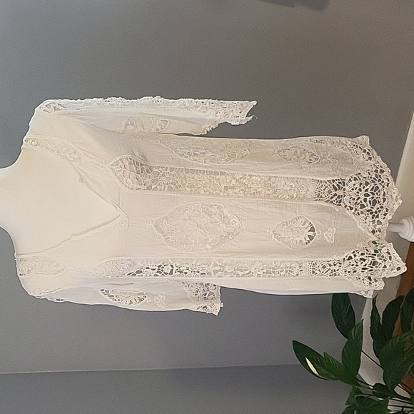 Solitaire Swim Unlined White Crochet Front 3/4 Sleeve Cotton Cover-Up Size S - Picture 1 of 11